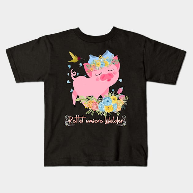 Schwein Vogel Wald Retten Prinzessin Blumen Süß Kids T-Shirt by Maggini Art